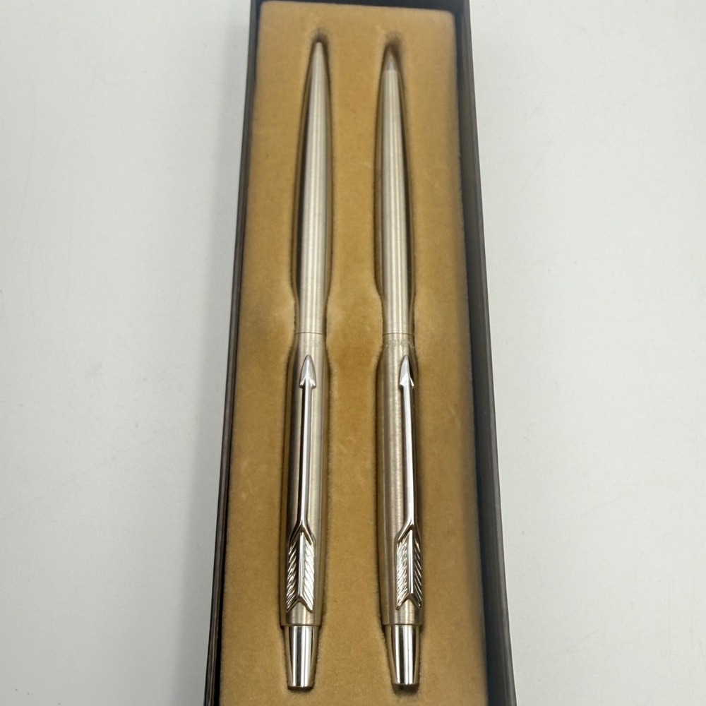 Vintage Parker 45 Flighter Pen and Pencil Set Brushed Stainless Steel USA Boxed